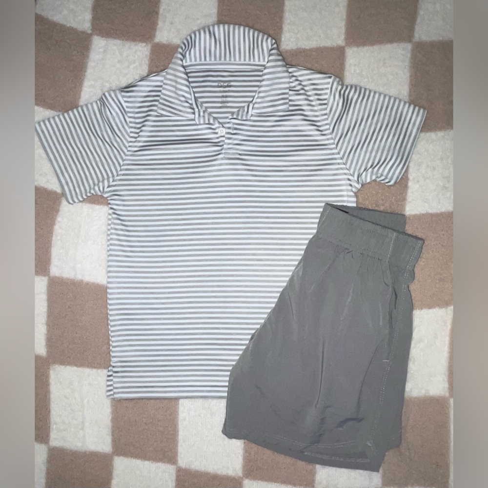 DSG Gray and White Striped Polo/ Shorts